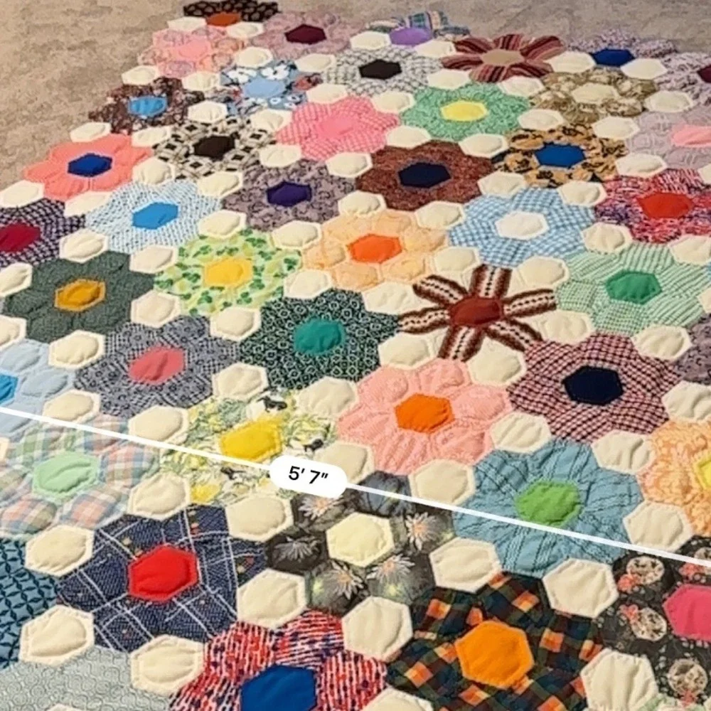 Vintage Handmade Grandmothers Flower Garden Hexagon Patchwork Quilt Multi 8x6